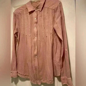 Women's Pink Cotton Gauze Frayed Boho Collared Blouse Large Love Haight